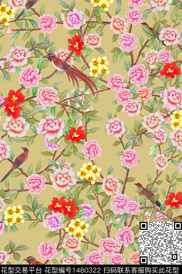 绿植树叶花鸟花卉数码印花华亿平台下载（图片编号: 1480322） - 瓦栏（Walan）