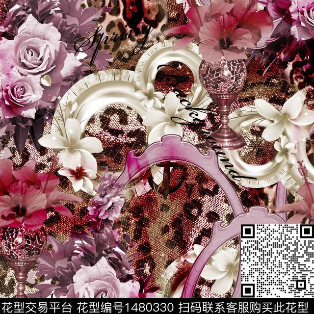 字母豹纹玫瑰花数码印花华亿平台下载（图片编号: 1480330） - 瓦栏（Walan）