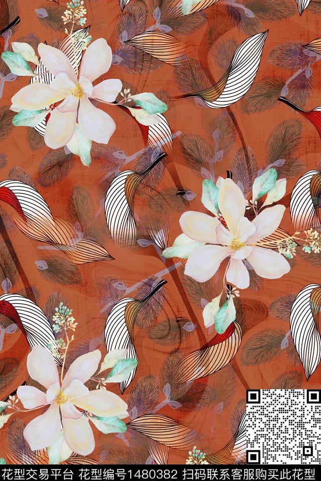 线条花卉大牌风数码印花华亿平台下载（图片编号: 1480382） - 瓦栏（Walan）