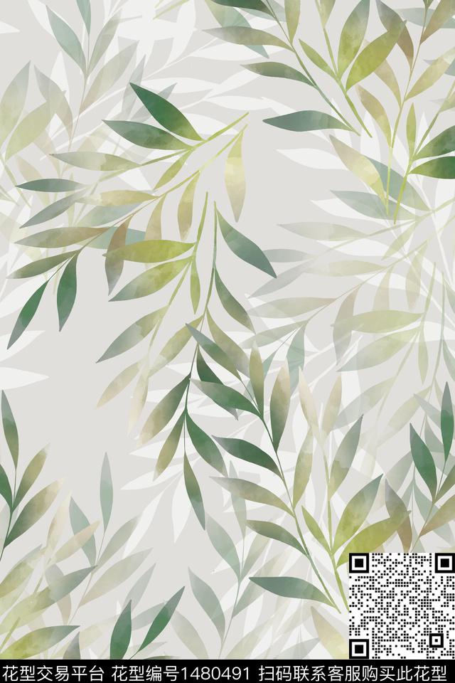 小清新真丝绿植树叶数码印花华亿平台下载（图片编号: 1480491） - 瓦栏（Walan）