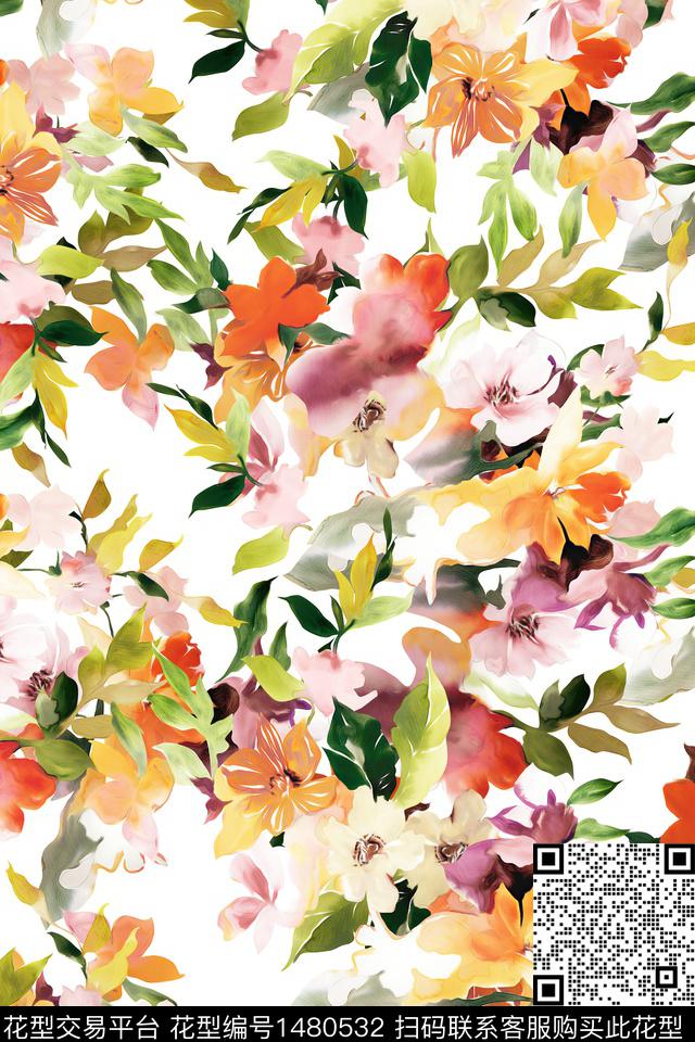 抽象花卉花卉小清新数码印花华亿平台下载（图片编号: 1480532） - 瓦栏（Walan）