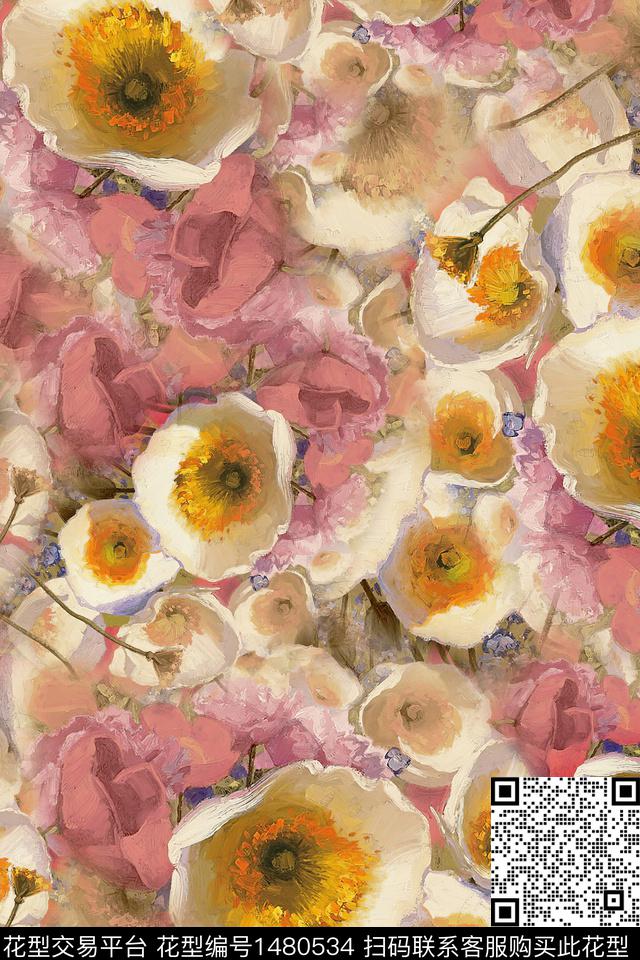 抽象花卉花卉小清新数码印花华亿平台下载（图片编号: 1480534） - 瓦栏（Walan）