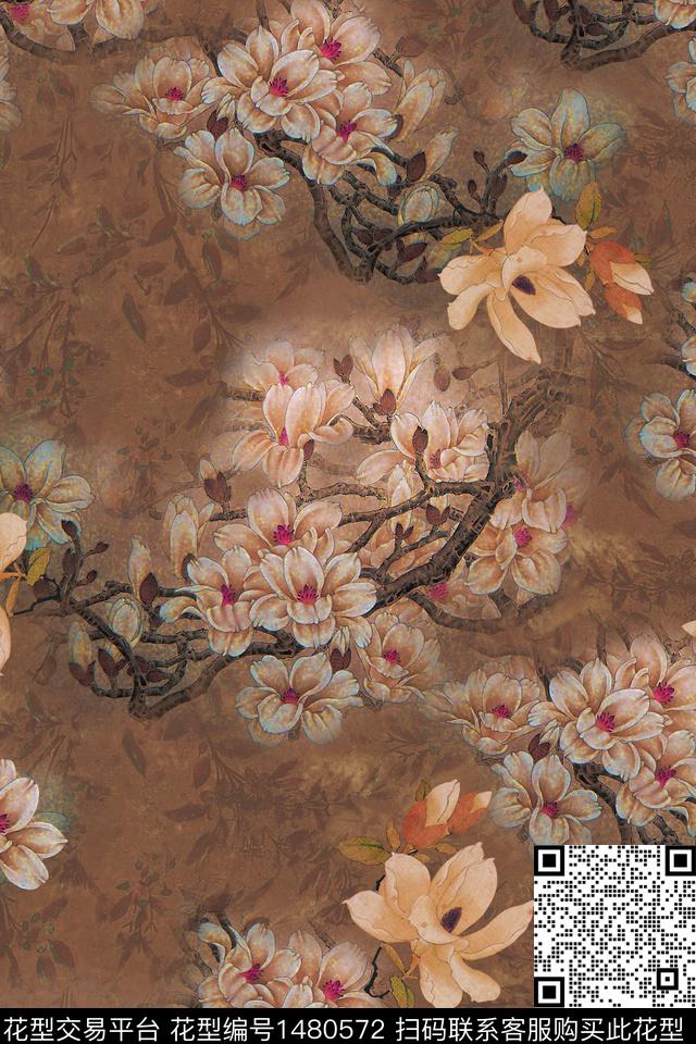花卉旗袍香云纱数码印花华亿平台下载（图片编号: 1480572） - 瓦栏（Walan）