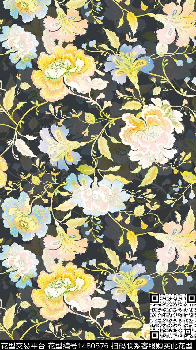 扎染华亿平台民族风花卉数码印花华亿平台下载（图片编号: 1480576） - 瓦栏（Walan）