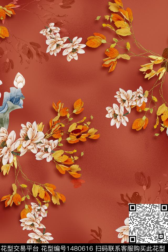 花卉香云纱真丝数码印花华亿平台下载（图片编号: 1480616） - 瓦栏（Walan）
