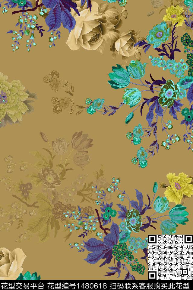 花卉香云纱真丝数码印花华亿平台下载（图片编号: 1480618） - 瓦栏（Walan）