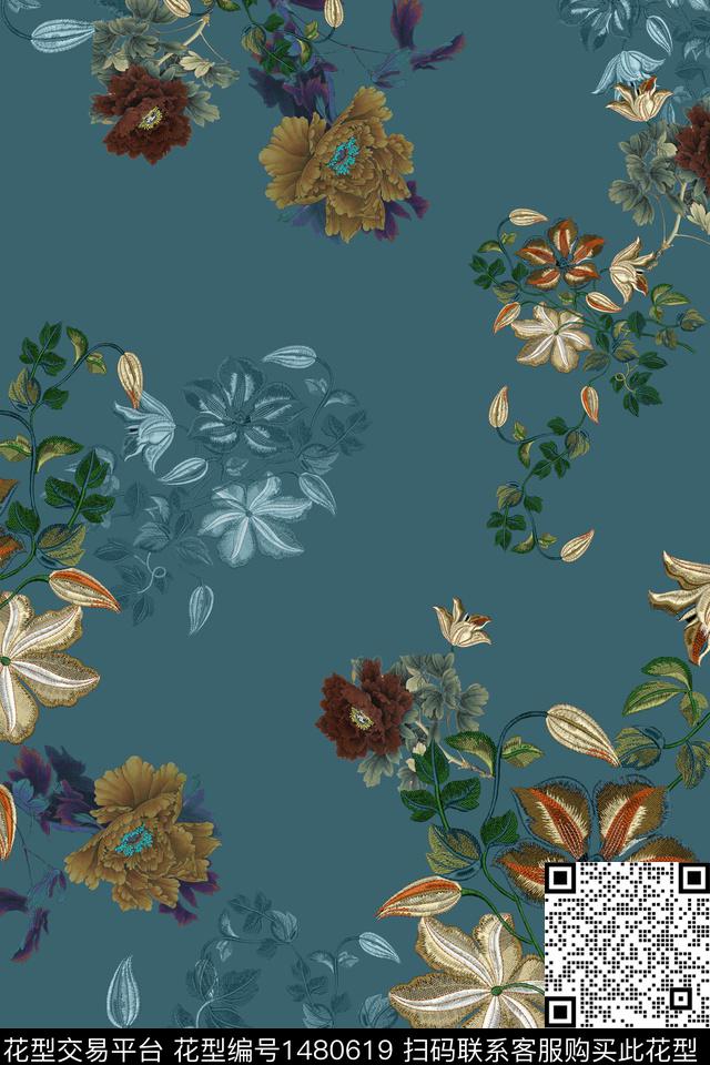 花卉香云纱真丝数码印花华亿平台下载（图片编号: 1480619） - 瓦栏（Walan）