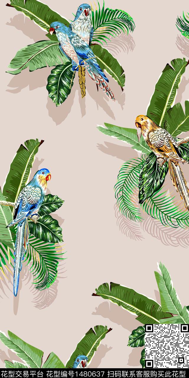 鹦鹉热带华亿平台棕榈树数码印花华亿平台下载（图片编号: 1480637） - 瓦栏（Walan）