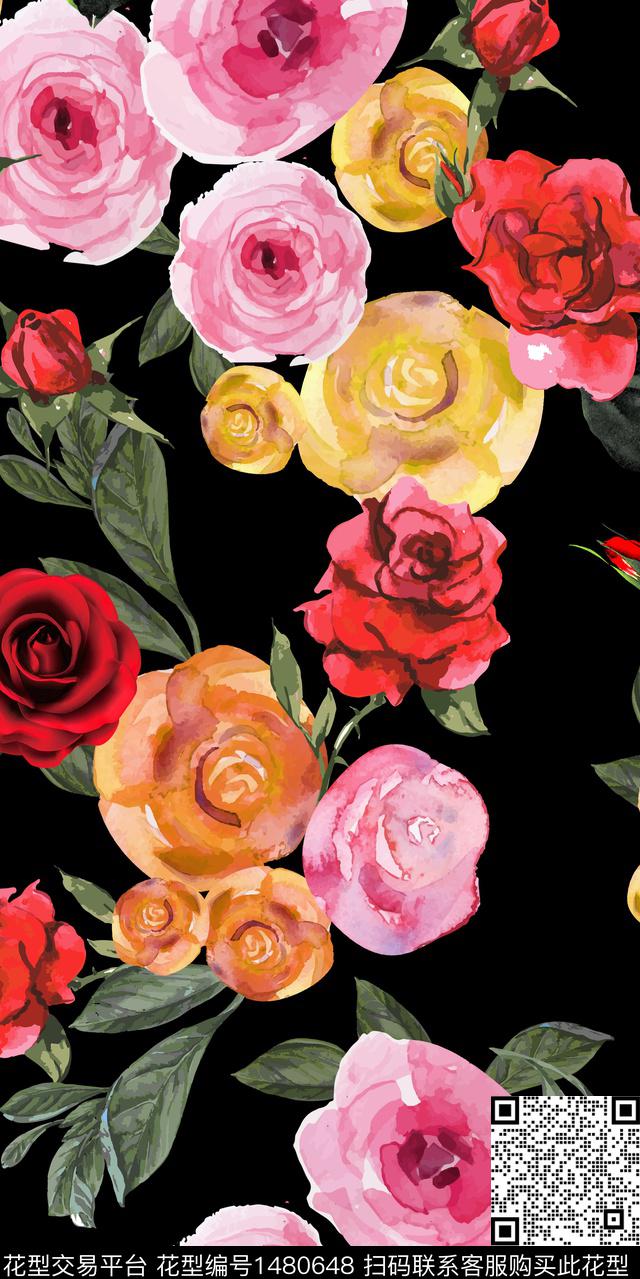 水彩花卉手绘花卉大牌风数码印花华亿平台下载（图片编号: 1480648） - 瓦栏（Walan）