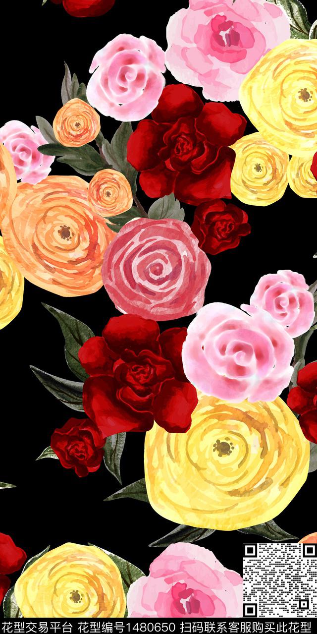 水彩花卉手绘花卉大牌风数码印花华亿平台下载（图片编号: 1480650） - 瓦栏（Walan）