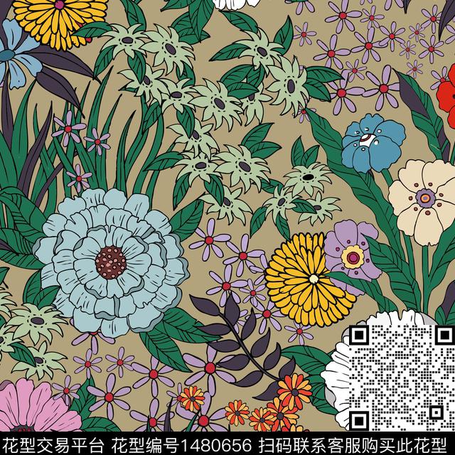 植物无缝图案满版散花传统印花华亿平台下载（图片编号: 1480656） - 瓦栏（Walan）