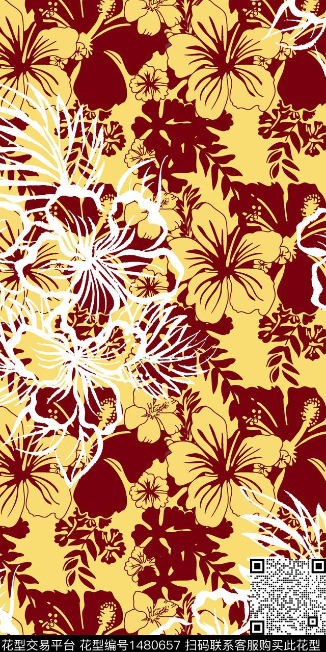 芙蓉花绿植树叶数码印花华亿平台下载（图片编号: 1480657） - 瓦栏（Walan）