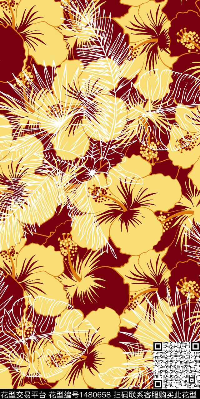 芙蓉花绿植树叶数码印花华亿平台下载（图片编号: 1480658） - 瓦栏（Walan）