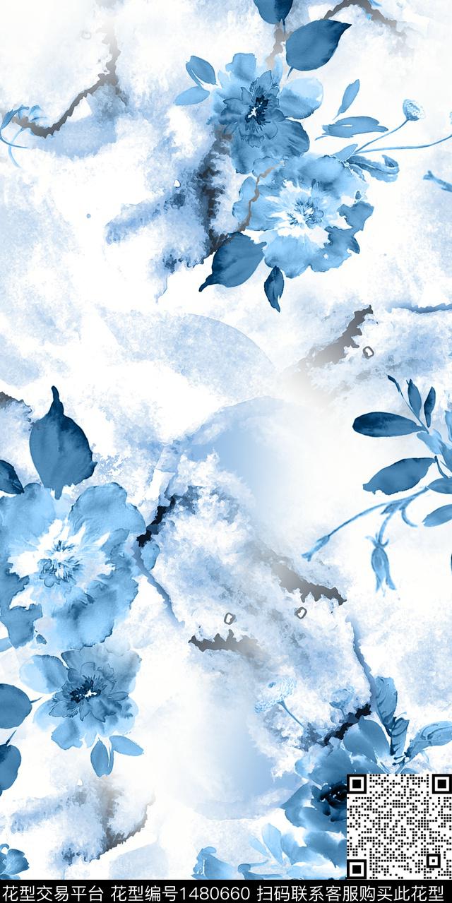渐变水彩花卉手绘花卉数码印花华亿平台下载（图片编号: 1480660） - 瓦栏（Walan）