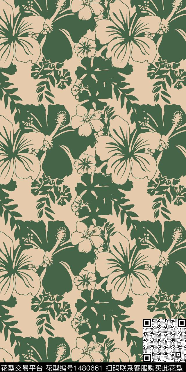 芙蓉花绿植树叶数码印花华亿平台下载（图片编号: 1480661） - 瓦栏（Walan）