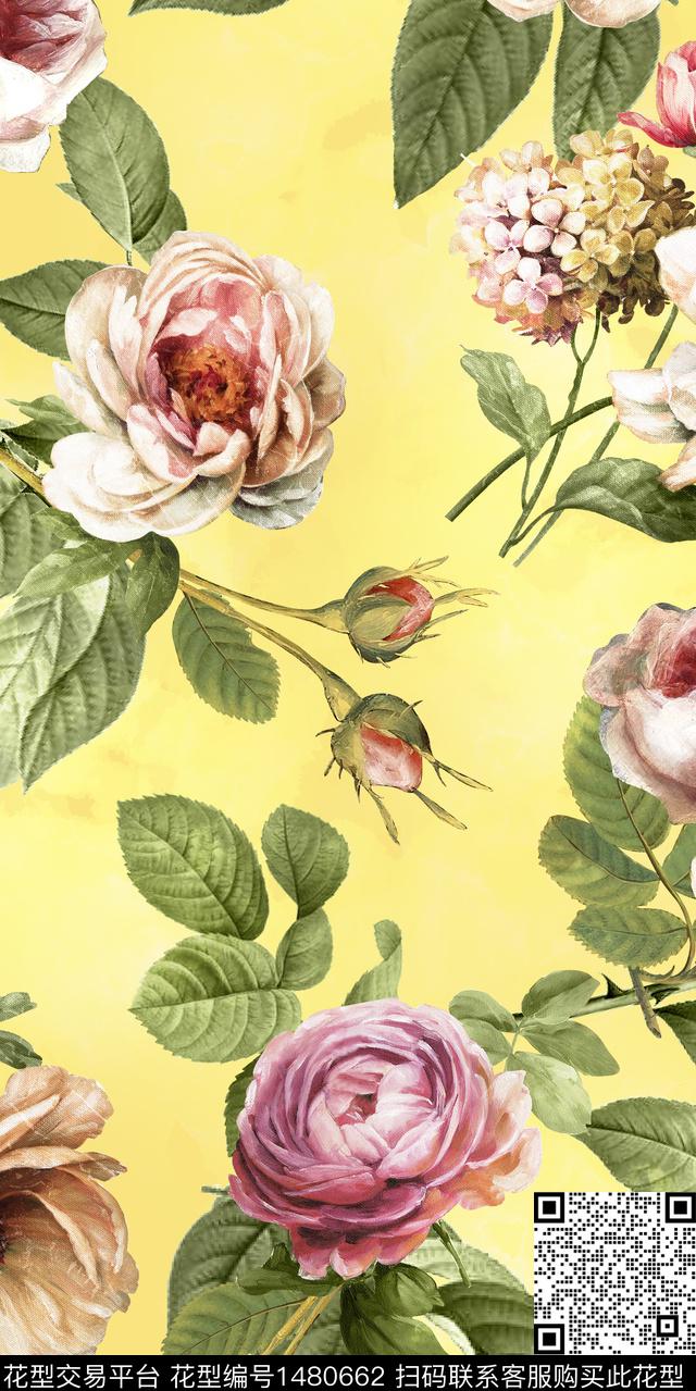 水彩花卉手绘花卉大牌风数码印花华亿平台下载（图片编号: 1480662） - 瓦栏（Walan）