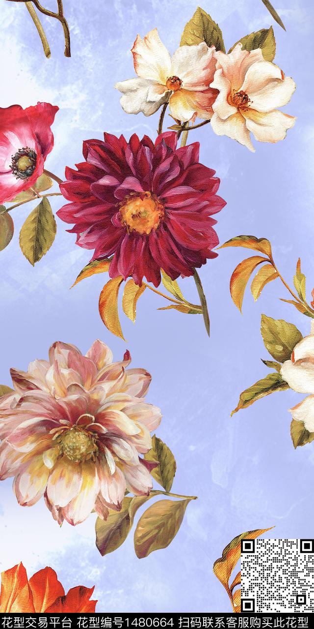 水彩花卉手绘花卉大牌风数码印花华亿平台下载（图片编号: 1480664） - 瓦栏（Walan）