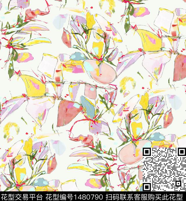 彩底花卉抽象花卉年轻女性数码印花华亿平台下载（图片编号: 1480790） - 瓦栏（Walan）