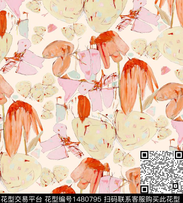 彩底花卉抽象花卉年轻女性数码印花华亿平台下载（图片编号: 1480795） - 瓦栏（Walan）