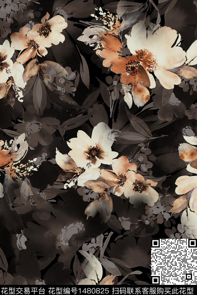 黑底花卉大牌风香云纱数码印花华亿平台下载（图片编号: 1480825） - 瓦栏（Walan）