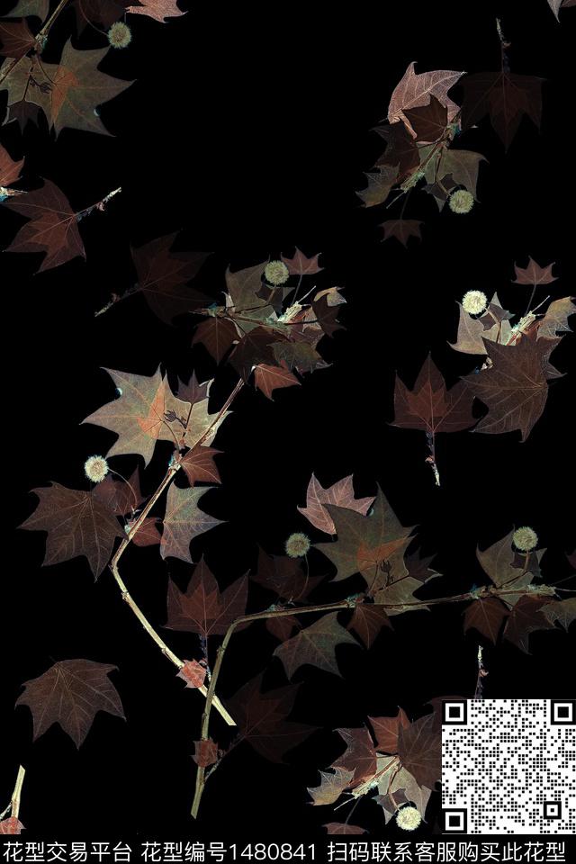 绿植树叶黑底花卉大牌风数码印花华亿平台下载（图片编号: 1480841） - 瓦栏（Walan）