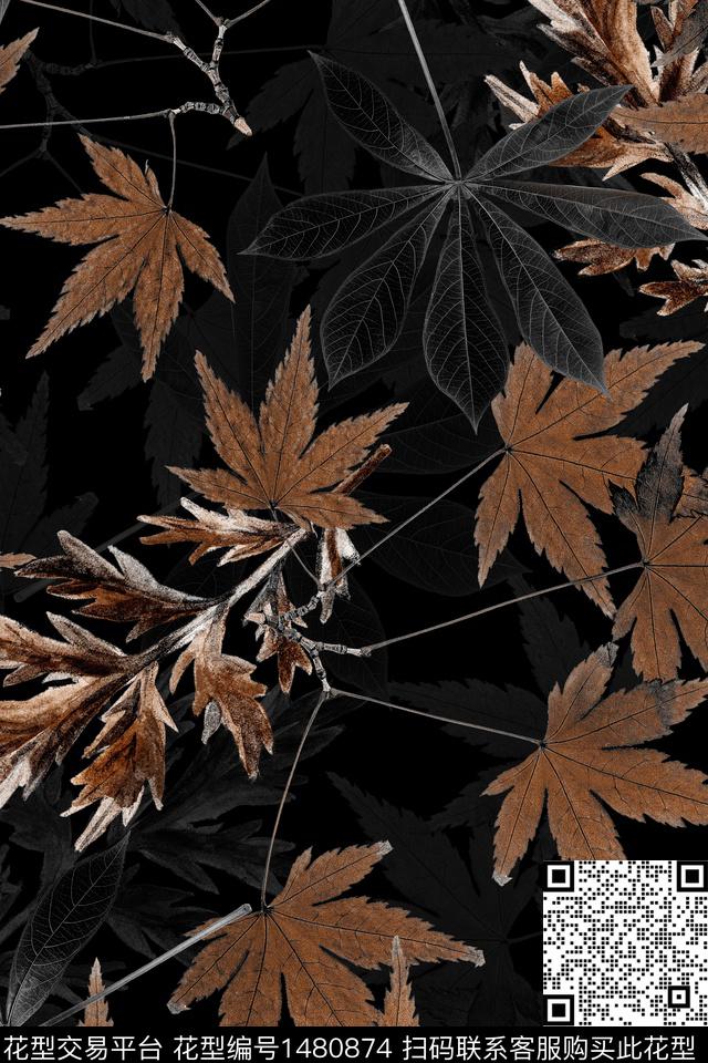 绿植树叶黑底花卉大牌风数码印花华亿平台下载（图片编号: 1480874） - 瓦栏（Walan）