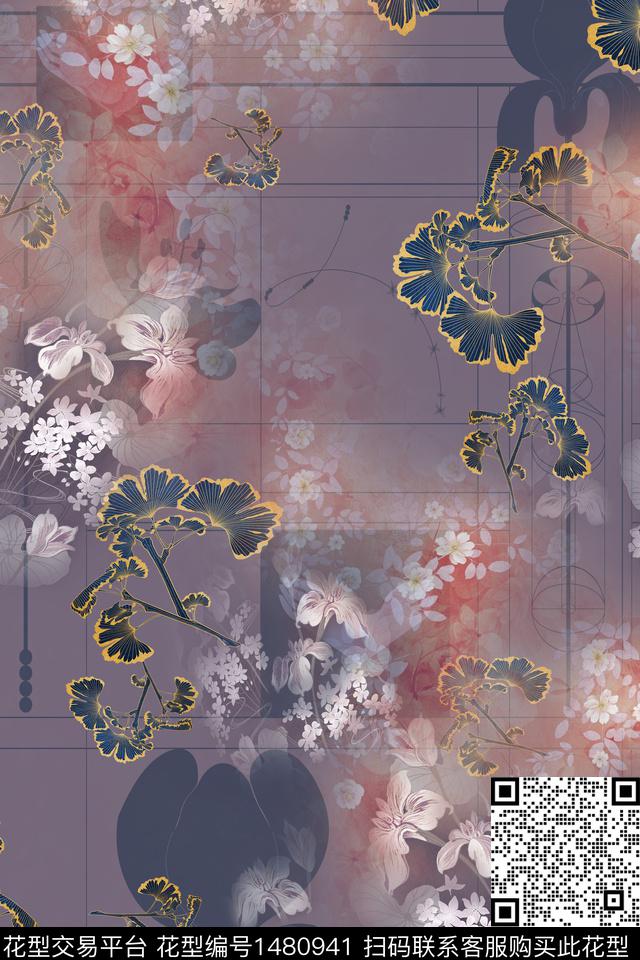 渐变线条抽象花卉数码印花华亿平台下载（图片编号: 1480941） - 瓦栏（Walan）