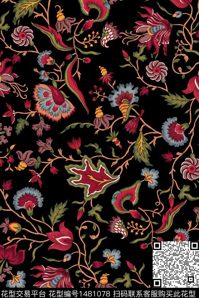 清爽底花卉民族风花卉数码印花华亿平台下载（图片编号: 1481078） - 瓦栏（Walan）