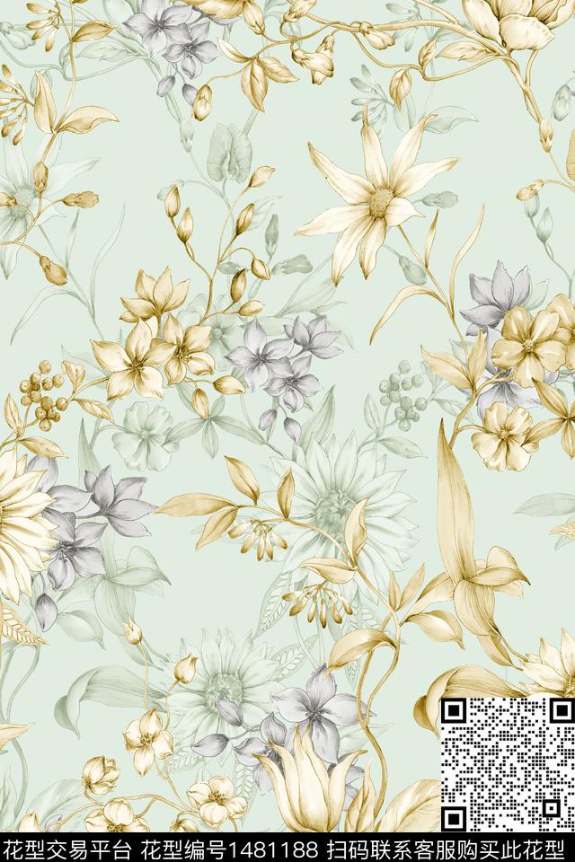 绿植树叶水彩大牌风数码印花华亿平台下载（图片编号: 1481188） - 瓦栏（Walan）