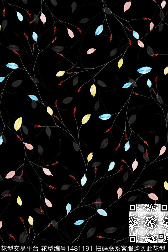 绿植树叶黑底花卉大牌风数码印花华亿平台下载（图片编号: 1481191） - 瓦栏（Walan）