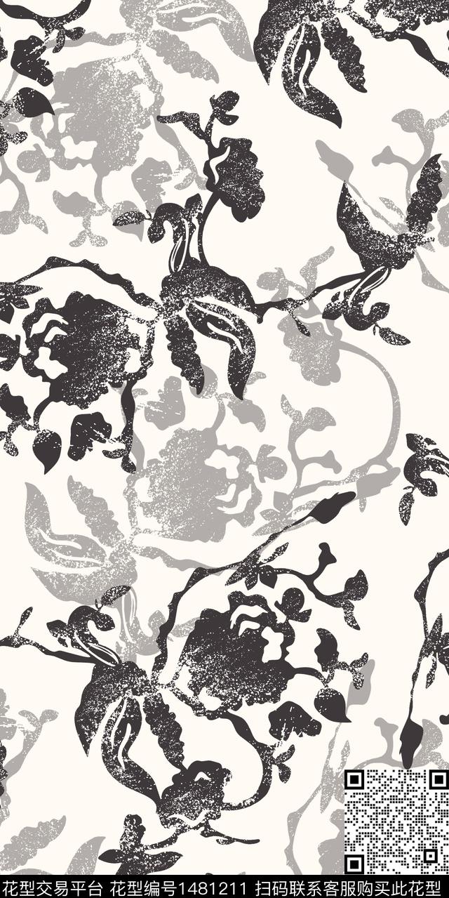 涂鸦花卉大牌风数码印花华亿平台下载（图片编号: 1481211） - 瓦栏（Walan）