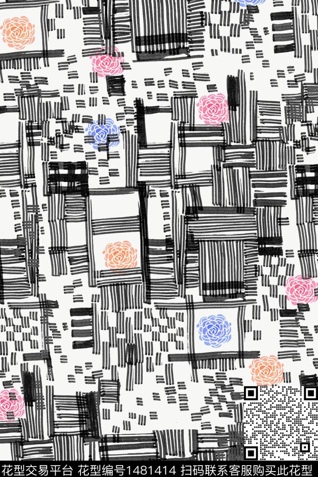 几何格子花卉传统印花华亿平台下载（图片编号: 1481414） - 瓦栏（Walan）