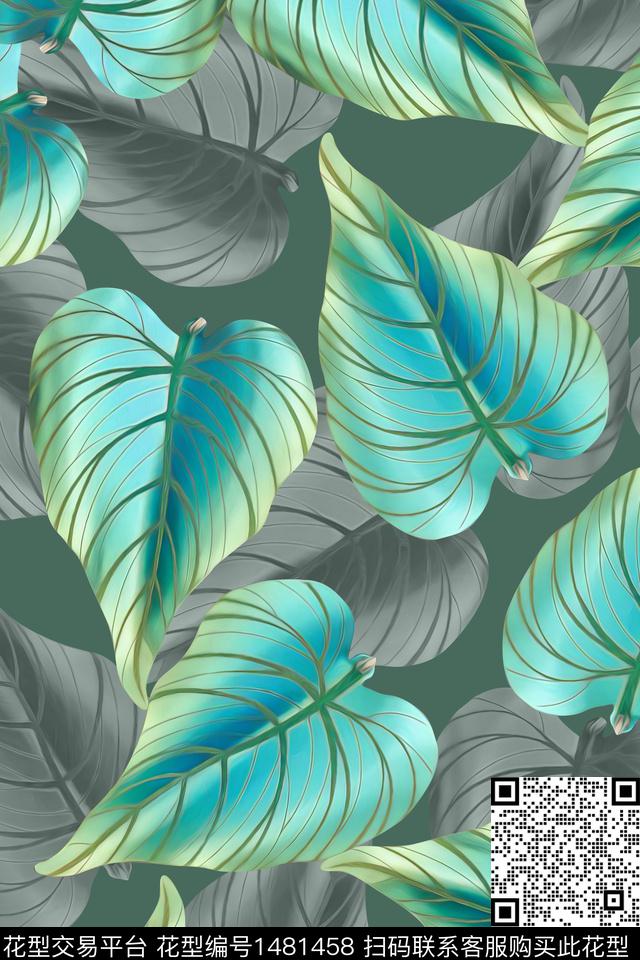 绿植树叶小清新真丝数码印花华亿平台下载（图片编号: 1481458） - 瓦栏（Walan）