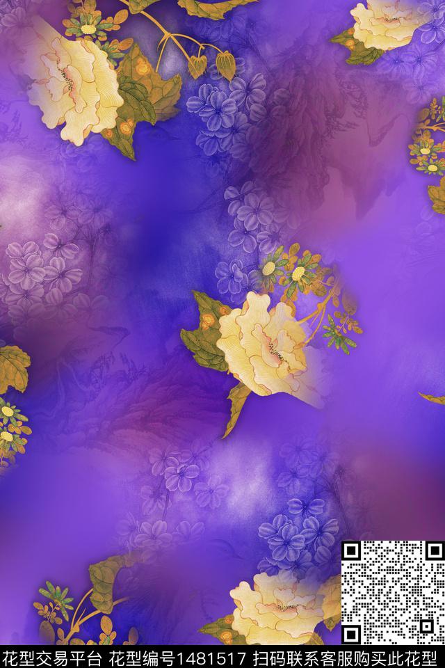 花卉中国风真丝数码印花华亿平台下载（图片编号: 1481517） - 瓦栏（Walan）