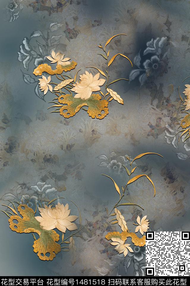 花卉中国风真丝数码印花华亿平台下载（图片编号: 1481518） - 瓦栏（Walan）
