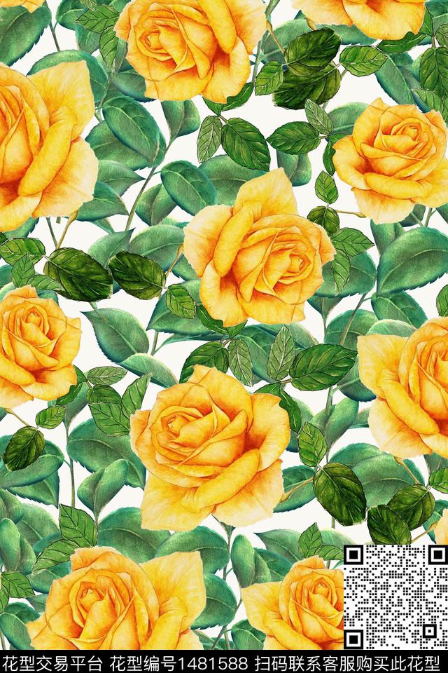 绿植树叶小清新大花数码印花华亿平台下载（图片编号: 1481588） - 瓦栏（Walan）