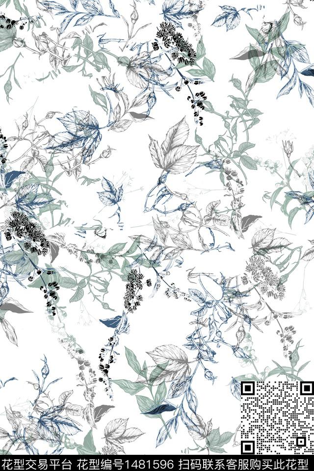 绿植树叶水彩大牌风传统印花华亿平台下载（图片编号: 1481596） - 瓦栏（Walan）