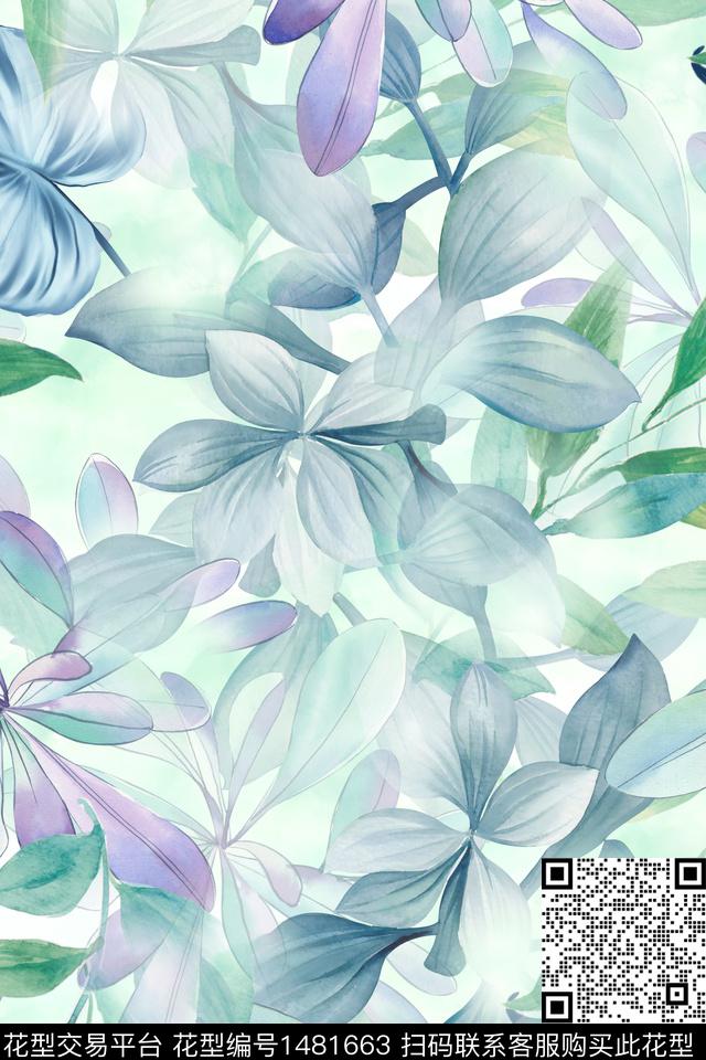 小清新真丝绿植树叶数码印花华亿平台下载（图片编号: 1481663） - 瓦栏（Walan）