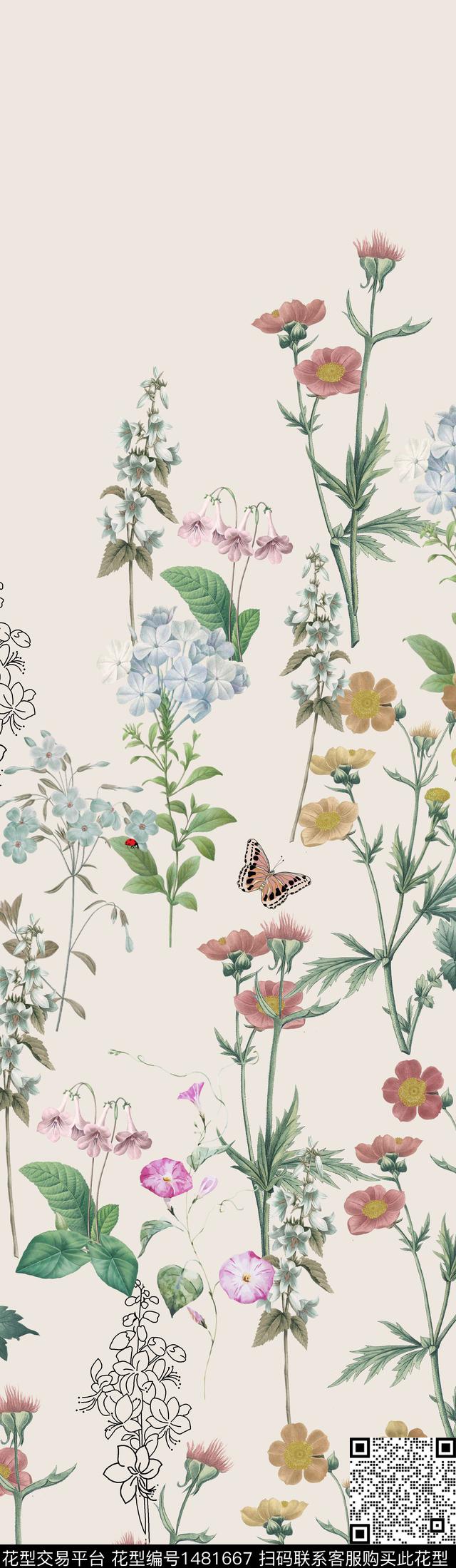 女装定位花手绘花卉满版散花数码印花华亿平台下载（图片编号: 1481667） - 瓦栏（Walan）