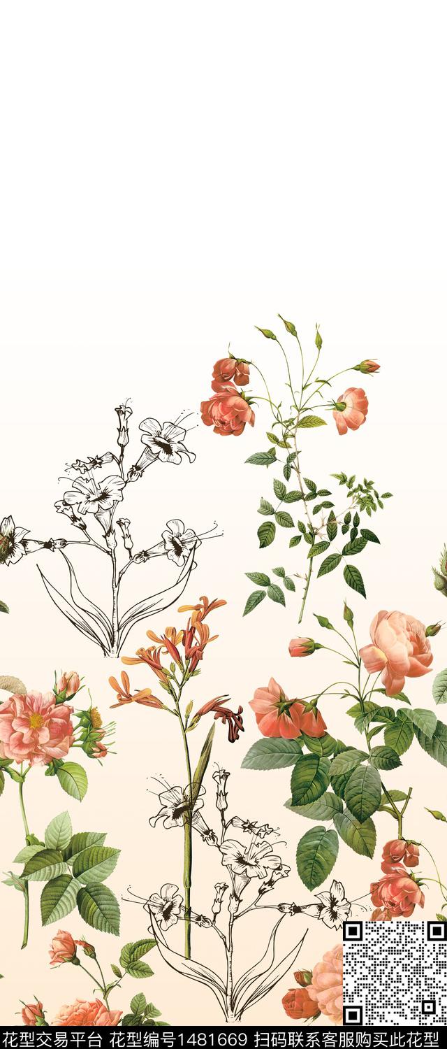 女装定位花手绘花卉满版散花数码印花华亿平台下载（图片编号: 1481669） - 瓦栏（Walan）