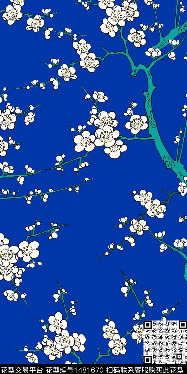 梅花树枝手绘花卉传统印花华亿平台下载（图片编号: 1481670） - 瓦栏（Walan）