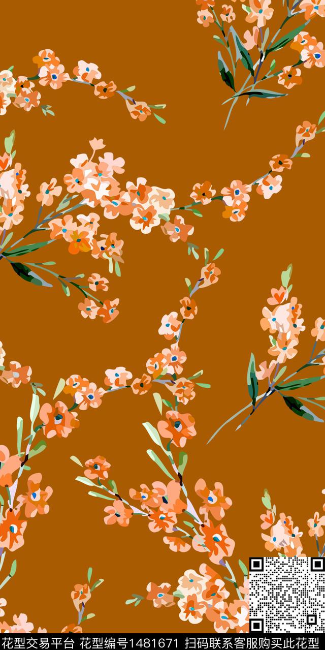 手绘花卉满版散花小碎花数码印花华亿平台下载（图片编号: 1481671） - 瓦栏（Walan）