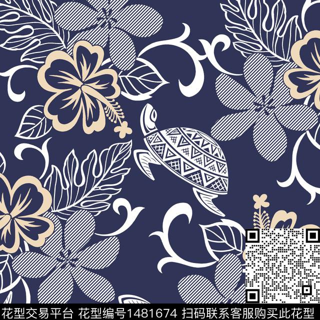 热带华亿平台芙蓉花海龟传统印花华亿平台下载（图片编号: 1481674） - 瓦栏（Walan）