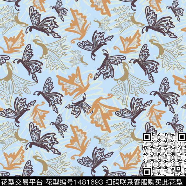 花卉手绘蝴蝶传统印花华亿平台下载（图片编号: 1481693） - 瓦栏（Walan）