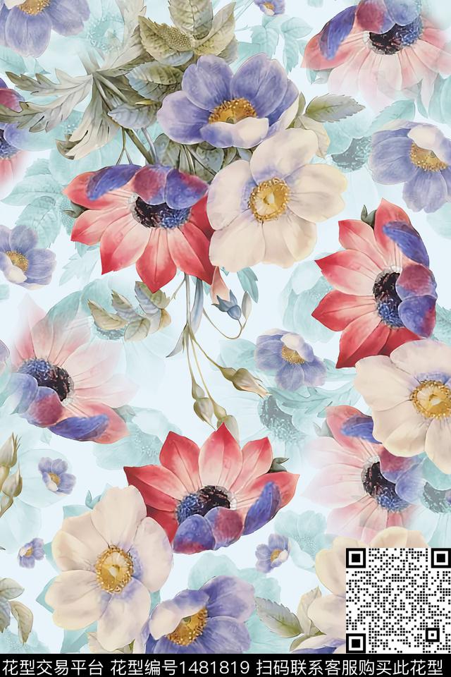 水彩绿植树叶旗袍数码印花华亿平台下载（图片编号: 1481819） - 瓦栏（Walan）