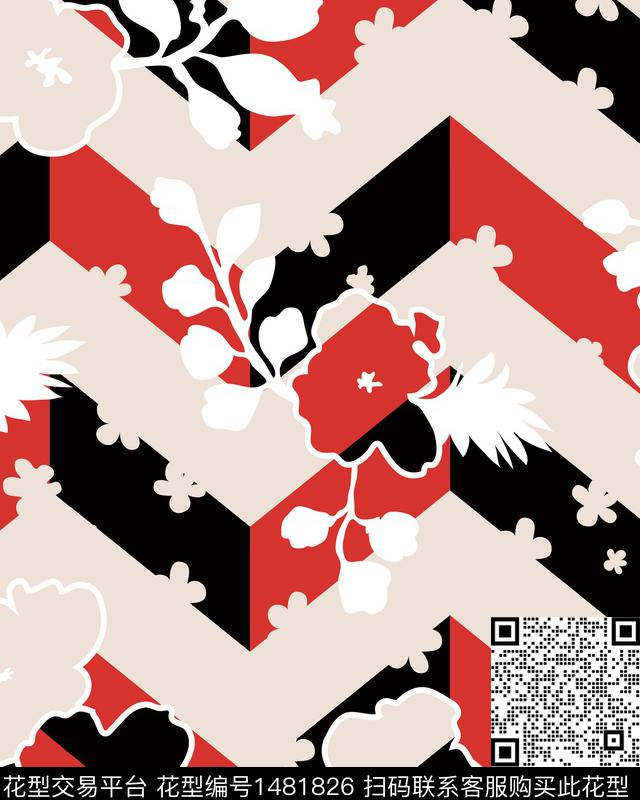 几何花卉大牌风满版散花传统印花华亿平台下载（图片编号: 1481826） - 瓦栏（Walan）