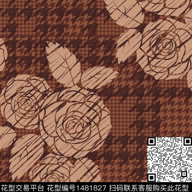 千鸟格大花混合拼接传统印花华亿平台下载（图片编号: 1481827） - 瓦栏（Walan）