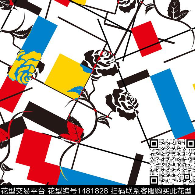 几何花卉大牌风满版散花传统印花华亿平台下载（图片编号: 1481828） - 瓦栏（Walan）