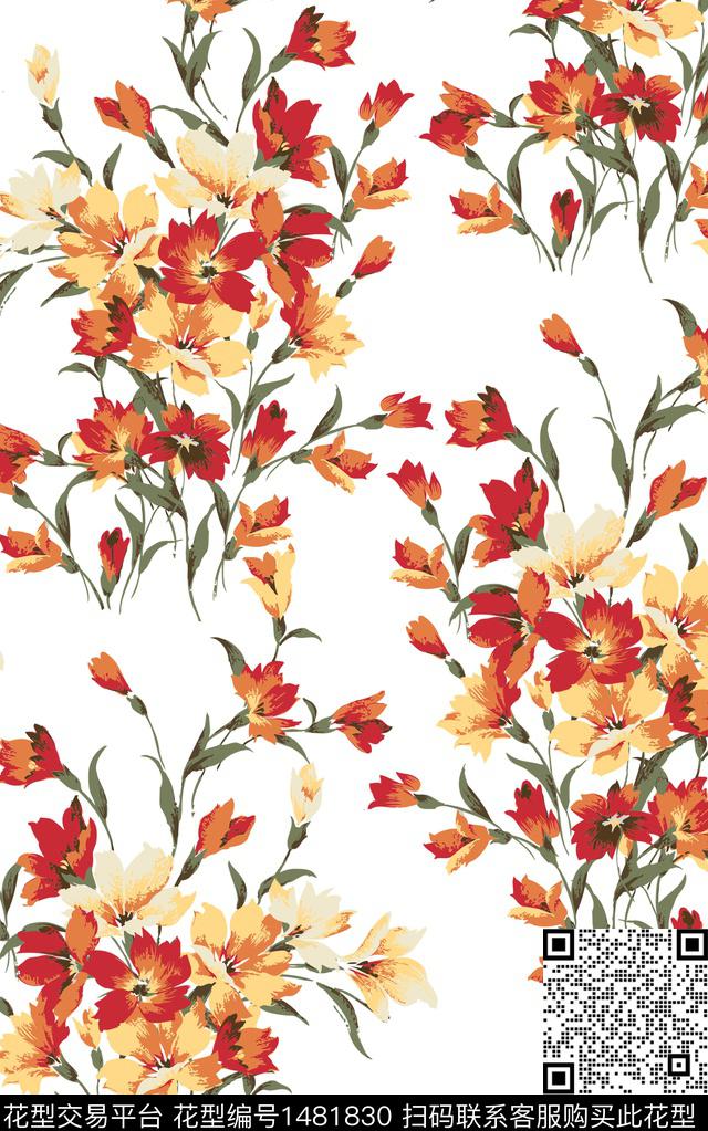水彩花卉手绘花卉满版散花数码印花华亿平台下载（图片编号: 1481830） - 瓦栏（Walan）