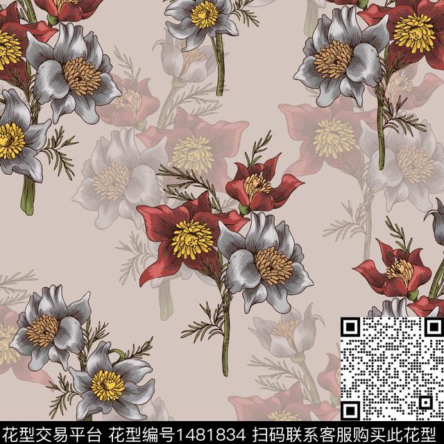 水彩花卉手绘花卉满版散花数码印花华亿平台下载（图片编号: 1481834） - 瓦栏（Walan）